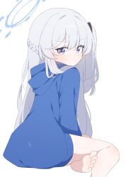 Rule 34 | 1girl, absurdres, barefoot, blue archive, blue halo, blue hoodie, blush, braid, closed mouth, grey hair, hagoonha, hair between eyes, halo, highres, hood, hood down, hoodie, long hair, long sleeves, looking at viewer, miyako (blue archive), miyako (young) (blue archive), official alternate costume, one side up, purple eyes, simple background, soles, solo, toes, white background