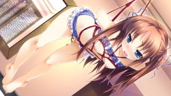 Rule 34 | 1girl, arms behind back, barefoot, bdsm, bikini, blue eyes, blush, bondage, bound, breasts, brown hair, feet, game cg, guardian place, highres, imminent rape, legs, long hair, looking down, nipples, ootori aoi, pussy, rope, solo, suspension, swimsuit, tears, thighs, toes, tsurugi hagane, twintails