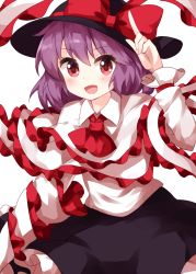 Rule 34 | 1girl, ascot, black hat, black skirt, bow, capelet, collared shirt, cowboy shot, drill, frilled capelet, frilled shawl, frilled shirt, frilled skirt, frills, hat, hat bow, highres, index finger raised, long sleeves, looking at viewer, medium hair, nagae iku, open mouth, pointing, pointing up, purple hair, red ascot, red bow, red eyes, ruu (tksymkw), shawl, shirt, simple background, skirt, smile, solo, standing, touhou, v-shaped eyebrows, white background, white capelet, white shirt