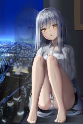 Rule 34 | 1girl, :o, ass, bare legs, barefoot, blue sky, blurry, blush, breasts, building, city, cityscape, collared shirt, cup, depth of field, dress shirt, evening, head tilt, highres, holding, holding cup, indoors, knees up, long hair, long sleeves, looking at viewer, medium breasts, mug, no pants, original, panties, parted lips, reflection, reinama, shirt, sidelocks, silver hair, sitting, sky, sleeves past wrists, solo, steam, thighs, toes, underwear, very long hair, white panties, white shirt, yellow eyes