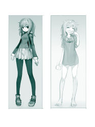 Rule 34 | 00s, 1girl, bad id, bad pixiv id, barefoot, before and after, copyright name, cup, closed eyes, facing viewer, feet, jacket, ladic, legs, long hair, long legs, messy hair, monochrome, mug, multiple views, naked shirt, open clothes, open jacket, open mouth, original, overman king gainer, pantyhose, pleated skirt, shirt, shoes, skirt, sleepy, tears, yawning