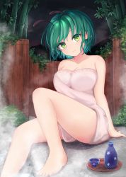 Rule 34 | 1girl, adda, alternate breast size, antennae, bamboo, bamboo forest, barefoot, bottle, breasts, choko (cup), closed mouth, cup, fence, forest, green eyes, green hair, head tilt, highres, knee up, large breasts, light smile, looking at viewer, naked towel, nature, night, night sky, onsen, outdoors, sake bottle, short hair, sitting, sky, solo, steam, tokkuri, touhou, towel, tray, wriggle nightbug