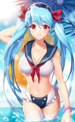 Rule 34 | 1girl, bad id, bad pixiv id, bikini, blue hair, bracelet, breasts, cleavage, earrings, eng (hypark1102), hair ribbon, hat, innertube, jewelry, large breasts, lens flare, long hair, looking at viewer, luthica preventer, navel, partially submerged, red eyes, ribbon, sailor bikini, sailor collar, shiny skin, smile, solo, sun, swim ring, swimsuit, sword girls, thighhighs, twintails, wading, wet, white bikini, white thighhighs