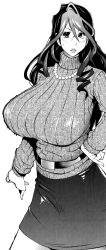 Rule 34 | 1girl, belt, belt buckle, breasts, buckle, curly hair, doukoku no taiyou koukotsu no tsuki, glasses, greyscale, hand on own hip, highres, huge breasts, jewelry, kotoyoshi yumisuke, long hair, looking to the side, mole, mole under mouth, monochrome, multicolored hair, necklace, open mouth, pearl necklace, pencil skirt, sagging breasts, skirt, solo, sweatdrop, sweater, takatori mikiko, turtleneck, turtleneck sweater