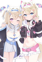 Rule 34 | 2girls, absurdres, animal ear fluff, animal ears, belt, belt collar, black collar, black jacket, blonde hair, blue belt, blue eyes, blue hair, blue nails, breasts, cleavage, cleavage cutout, clothing cutout, collar, cropped jacket, cropped shirt, dog ears, dog girl, dog tail, dress, fang, flat chest, frilled shorts, frills, fur-trimmed jacket, fur trim, fuwawa abyssgard, fuwawa abyssgard (1st costume), hair ornament, hairpin, headphones, headphones around neck, highres, hololive, hololive english, ichipon1515, jacket, large breasts, long hair, looking at viewer, medium hair, midriff, mococo abyssgard, mococo abyssgard (1st costume), multicolored hair, multiple girls, nail polish, navel, one eye closed, perroccino (fuwamoco), pink belt, pink eyes, pink hair, pink nails, shirt, short shorts, shorts, siblings, sisters, skin fang, smile, spiked collar, spikes, streaked hair, tail, twins, virtual youtuber, white background, white dress, white shirt, white shorts, x hair ornament