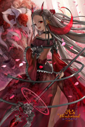 Rule 34 | 1girl, a&#039;s wonderland, braid, copyright name, dress, flower, hair ornament, highres, looking at viewer, looking back, magic circle, mizushirazu, open mouth, petals, red eyes, red theme, rose, skull, solo, staff, thorns
