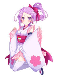 Rule 34 | 1girl, bad id, bad pixiv id, bow, brooch, color connection, cosplay, cure fortune, cure fortune (anmitsu komachi), cure fortune (cosplay), cure sword, curly hair, detached sleeves, dokidoki! precure, earrings, frills, full body, hair bow, happinesscharge precure!, heart, heart brooch, hinama amu, japanese clothes, jewelry, jumping, kenzaki makoto, magical girl, pink bow, precure, purple eyes, purple hair, sandals, short hair, side ponytail, skirt, smile, solo, thighhighs, white background, white thighhighs
