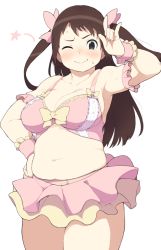 Rule 34 | 1girl, accio, annoyed, black eyes, blush, bow, bra, breasts, brown hair, cleavage, hair bow, hair ribbon, large breasts, long hair, navel, one eye closed, original, plump, ribbon, simple background, skirt, solo, standing, tanuma miyuki, thick thighs, thighs, twintails, underwear, wink