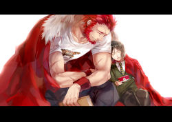 Rule 34 | 2boys, age difference, bara, beard, black hair, book, cape, denim, facial hair, fate/zero, fate (series), iskandar (fate), jeans, letterboxed, lingcat, male focus, multiple boys, muscular, pants, red hair, shirt, size difference, sleeping, t-shirt, waver velvet