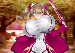 Rule 34 | 1girl, blue eyes, breasts, brown hair, clenched teeth, female knight, horns, huge breasts, knight, lactation, lactation through clothes, lactation, milk, solo, sword, teeth, weapon, yonkuron