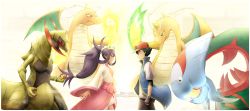 Rule 34 | 1boy, 1girl, artist name, ash ketchum, baseball cap, character name, commentary, creatures (company), dracovish, dragonite, dress, english commentary, english text, eye contact, from side, game freak, gen 1 pokemon, gen 5 pokemon, gen 8 pokemon, hat, haxorus, highres, iris (pokemon), jcstr, looking at another, nintendo, pink dress, pokemon, pokemon (anime), pokemon (creature), pokemon journeys, smile, tiara