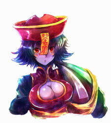 Rule 34 | 1girl, blue hair, blue skin, blush stickers, breasts, capcom, cleavage, cleavage cutout, clothing cutout, colored skin, female focus, hat, jiangshi, kara (color), large breasts, lei lei, ofuda, purple skin, qingdai guanmao, red eyes, simple background, solo, vampire (game)