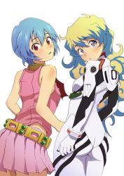 Rule 34 | + +, 2girls, :o, ass, ayanami rei, ayanami rei (cosplay), bare shoulders, belt, blonde hair, blue eyes, blue hair, blush, body blush, bodysuit, bracer, breasts, cosplay, costume switch, cowboy shot, cross-shaped pupils, crossover, curly hair, from behind, gloves, hair between eyes, hair over shoulder, head tilt, highres, jewelry, long hair, looking at viewer, looking back, miniskirt, multicolored hair, multiple girls, murata isshin, necktie, neon genesis evangelion, nia teppelin, nia teppelin (cosplay), open mouth, pilot suit, pleated skirt, plugsuit, red eyes, short hair, simple background, skin tight, skirt, sleeveless, small breasts, symbol-shaped pupils, tengen toppa gurren lagann, two-tone hair, very long hair, white background