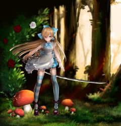 Rule 34 | 1girl, alice (alice in wonderland), alice in wonderland, apron, arm at side, asymmetrical legwear, bad id, bad pixiv id, blonde hair, blue bow, blue bowtie, blue dress, blue eyes, blue thighhighs, blurry, blurry background, bow, bowtie, center frills, closed mouth, commentary request, day, depth of field, dress, flower, fly agaric, forest, frilled dress, frills, full body, giant mushroom, grass, hair between eyes, hair bow, highres, holding, holding sword, holding weapon, katana, legs apart, light rays, long hair, looking at viewer, mismatched legwear, mushroom, nature, ootachi, original, outdoors, red flower, red footwear, red rose, rose, rose bush, serious, shoes, short dress, sleeveless, sleeveless dress, solo, standing, straight hair, striped clothes, striped thighhighs, sword, thighhighs, tree, tsurime, very long hair, weapon, white apron, white dress, white flower, white rose, wind, yuitanpo, zettai ryouiki
