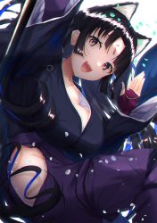Rule 34 | 1girl, animal ears, arknights, bad id, bad pixiv id, beads, black hair, blunt bangs, breasts, clothing cutout, commentary, commentary request, dog ears, dog girl, extra ears, facial mark, fingerless gloves, forehead mark, gloves, highres, hip vent, japanese clothes, large breasts, long hair, looking at viewer, nidaime (doronbo), open mouth, pants, parted bangs, prayer beads, purple gloves, purple pants, purple shirt, saga (arknights), shirt, sideboob, solo, yellow eyes