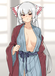 Rule 34 | 1girl, blunt bangs, blurry, blurry background, blush, breasts, cleavage, closed mouth, fujiwara no mokou, hair ornament, hair ribbon, highres, houtengeki, japanese clothes, large breasts, long hair, long sleeves, looking at viewer, original, red eyes, ribbon, silver hair, solo, touhou, very long hair, white ribbon, wide sleeves
