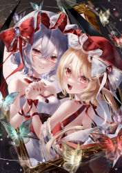 Rule 34 | 2girls, :d, absurdres, adapted costume, backless dress, backless outfit, bare shoulders, blonde hair, blue hair, bow, bug, butterfly, closed mouth, commentary request, dress, flandre scarlet, gem, hat, hat bow, highres, holding hands, insect, lace, lace-trimmed dress, lace-trimmed headwear, lace-trimmed shawl, lace trim, long hair, looking at viewer, looking back, mob cap, multiple girls, open mouth, purple gemstone, red bow, red dress, red gemstone, red headwear, red nails, red ribbon, remilia scarlet, ribbon, see-through, see-through shawl, shawl, short hair, siblings, sisters, smile, strapless, strapless dress, touhou, upper body, white bow, white dress, white headwear, white shawl, wings, yukia (yukia 777)
