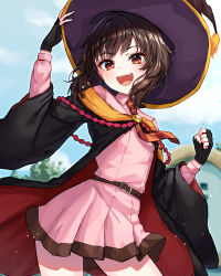 Rule 34 | 1girl, :d, belt, black gloves, blue sky, brown hair, clenched hand, cowboy shot, day, dress, fingerless gloves, gloves, hand on headwear, hat, kono subarashii sekai ni shukufuku wo!, long sleeves, looking at viewer, megumin, open mouth, outdoors, pensuke, pink dress, purple hat, red eyes, short hair, sky, smile, solo, teeth, upper teeth only, witch hat