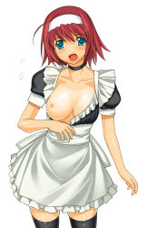 Rule 34 | 00s, 1girl, a1 (initial-g), ahoge, apron, black thighhighs, blush, breast slip, breasts, choker, clothes lift, clothes pull, female focus, green eyes, hairband, highres, kimi ga nozomu eien, large breasts, maid, maid apron, nipples, no bra, one breast out, open mouth, red hair, shirt lift, shirt pull, simple background, solo, standing, suzumiya akane, thighhighs, white background, zettai ryouiki