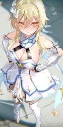 Rule 34 | 1girl, absurdres, angry, blonde hair, blush, boots, breasts, cleavage, detached sleeves, flower, from above, full body, genshin impact, hair flower, hair ornament, hand on own hip, hands on own hips, highres, large breasts, long hair, looking at viewer, lumine (genshin impact), pottsness, skirt, solo, star (symbol), white footwear, yellow eyes