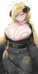 Rule 34 | 1girl, ahoge, akari (blue archive), areola slip, black flower, black kimono, black rose, blonde hair, blue archive, blue eyes, blush, breasts, bursting breasts, closed mouth, collarbone, commentary request, flower, hair between eyes, hair flower, hair ornament, highres, horns, huge breasts, japanese clothes, kimono, maruko tooto, nipple slip, nipples, print kimono, rose, simple background, smile, solo, standing, white background, wide sleeves