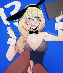 Rule 34 | !?, 1girl, alternate costume, animal ears, bare shoulders, black bow, black bowtie, black leotard, blonde hair, blue background, blush, book, bow, bowtie, braid, braided ponytail, breasts, brown pantyhose, cleavage, commentary request, decoske decco, detached collar, fake animal ears, fate/grand order, fate (series), green eyes, hair between eyes, highres, holding, holding book, leotard, long hair, medium breasts, open mouth, pantyhose, playboy bunny, rabbit ears, round eyewear, side ponytail, simple background, solo, strapless, strapless leotard, teeth, aesc (fate), twitter username, upper teeth only, very long hair, wrist cuffs