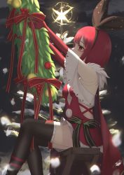 Rule 34 | 1girl, black bow, black thighhighs, blush, bow, cape, christmas, christmas ornaments, christmas star, christmas tree, dorothy haze, dress, elbow gloves, feet out of frame, girls&#039; frontline, gloves, hair bow, highres, holding christmas tree, looking up, medium hair, merry christmas, red cape, red dress, red eyes, red gloves, red hair, sitting, snow, solo, thighhighs, thomas 8000, va-11 hall-a
