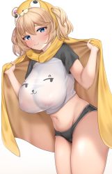 Rule 34 | 1girl, animal hood, bare legs, black shirt, black shorts, blonde hair, blue eyes, blush, breasts, closed mouth, commentary, covered erect nipples, ella of the sky, hair between eyes, highres, hood, large breasts, last origin, lomocya, looking at viewer, medium hair, navel, no bra, see-through, shirt, short shorts, short sleeves, shorts, simple background, smile, solo, symbol-only commentary, two-tone shirt, white background, white shirt