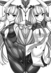 Rule 34 | 10s, 1girl, alternate costume, armpits, arms up, bare arms, blunt bangs, blush, bodysuit, breasts, cleavage, cleavage cutout, clothing cutout, covered erect nipples, dress, gloves, greyscale, hair ribbon, headgear, kantai collection, long hair, looking at viewer, monochrome, murakumo (kancolle), murakumo kai ni (kancolle), necktie, nipples, pantyhose, ribbon, rindou (radical dream), sailor dress, small breasts, smile, solo, tress ribbon
