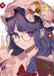 Rule 34 | 1girl, absurdres, bespectacled, blunt bangs, book, bow, crescent, crescent hair ornament, daimaou ruaeru, expressionless, glasses, hair ornament, hair ribbon, hand up, hat, highres, holding, holding book, mob cap, patchouli knowledge, portrait, purple eyes, purple hair, red bow, ribbon, round eyewear, simple background, solo, sparkle, touhou, tress ribbon, upper body, white background