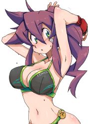 Rule 34 | 1girl, arms behind head, bandages, bandage on face, bikini, blush, breasts, chestnut mouth, cleavage, coso-ri, fingerless gloves, gloves, green eyes, hair between eyes, large breasts, long hair, navel, original, purple hair, side ponytail, sidelocks, simple background, solo, strap gap, swimsuit, umizakura tachimi, wet, white background