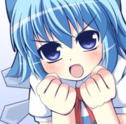 Rule 34 | 1girl, blue dress, blue eyes, blue hair, cirno, clenched hands, dress, fang, hair ribbon, ice, ice wings, looking at viewer, masiromu, matching hair/eyes, open mouth, puffy sleeves, ribbon, shirt, short sleeves, solo, touhou, upper body, wings