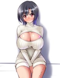 Rule 34 | 10s, 1girl, bad id, bad twitter id, between legs, black hair, blush, breasts, cleavage cutout, clothing cutout, hand between legs, head tilt, huge breasts, kantai collection, large breasts, light smile, meme attire, midoriiro no shinzou, open-chest sweater, red eyes, ribbed sweater, shadow, short hair, sitting, solo, sweater, takao (kancolle), thighs, turtleneck, twitter username, wall
