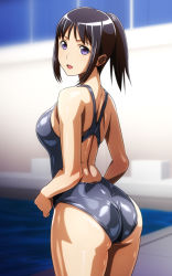 Rule 34 | 1girl, :d, ass, back, back cutout, black hair, black one-piece swimsuit, blurry, breasts, clothing cutout, competition swimsuit, cowboy shot, crotch seam, depth of field, from behind, highres, looking at viewer, looking back, medium breasts, monteriakitto, one-piece swimsuit, open mouth, original, ponytail, pool, poolside, purple eyes, shiny clothes, shiny skin, sidelocks, smile, solo, swimsuit, water
