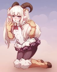 Rule 34 | 1girl, animal ear fluff, animal ears, animal hands, bad link, baphomet (monster girl encyclopedia), barbariank, black pantyhose, blush, breasts, commentary, english commentary, full body, fur, fur collar, hair ornament, highres, hooves, horns, kneeling, long hair, looking at viewer, microskirt, monster girl, monster girl encyclopedia, open mouth, pantyhose, pink eyes, skirt, skull hair ornament, small breasts, solo, tail, white hair