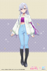 Rule 34 | 1girl, black choker, black footwear, blue pants, boots, choker, closed mouth, commentary request, earrings, eiai nano, full body, grey hair, grid background, high-waist pants, highres, hoop earrings, jacket, jewelry, kimi no koto ga dai dai dai dai daisuki na 100-nin no kanojo, knee boots, long hair, long sleeves, looking at viewer, necklace, official art, open clothes, open jacket, pants, red eyes, solo, swept bangs