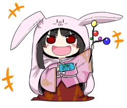 Rule 34 | +++, 1girl, :d, animal hood, bad id, bad twitter id, black hair, blush, branch, rabbit hood, chibi, gensei ruri, handheld game console, hime cut, himouto! umaru-chan, hood, houraisan kaguya, japanese clothes, jeweled branch of hourai, long hair, long sleeves, looking at viewer, open mouth, parody, playstation portable, red eyes, smile, solo, touhou, trait connection, wide sleeves