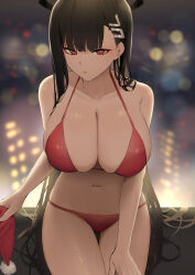 Rule 34 | 1girl, absurdres, bare arms, bare legs, bare shoulders, bikini, black hair, blue archive, breasts, bright pupils, city lights, cleavage, closed mouth, collarbone, cowboy shot, hair ornament, hairpin, halo, hat, highres, large breasts, long hair, looking at viewer, lordol, navel, red bikini, red eyes, red hat, rio (blue archive), sitting, solo, swimsuit, white pupils