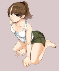 Rule 34 | 1girl, arm support, bare legs, barefoot, black eyes, brown hair, glasses, highres, jpeg artifacts, kagematsuri, long hair, looking at viewer, original, parted lips, ponytail, scrunchie, shorts, sitting, solo, tank top, wariza