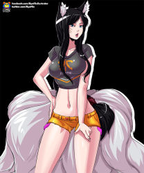 Rule 34 | 1girl, ahri (league of legends), alternate costume, animal ears, black background, black hair, breasts, crop top, facial mark, female focus, fox ears, kitsune, kyoffie, kyuubi, large breasts, league of legends, long hair, multiple tails, navel, open mouth, shorts, sidelocks, simple background, solo, tail, watermark, web address, whiskers