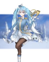 Rule 34 | 1girl, absurdly long hair, aqua eyes, aqua hair, artist name, artist request, band uniform, beamed eighth notes, black pantyhose, blue eyes, blue hair, blue hat, blue ribbon, boots, breasts, collar, collared shirt, confetti, eighth note, epaulettes, feathers, female focus, gloves, hair ornament, hairclip, hat, hat feather, hatsune miku, highres, holding, holding instrument, horn ornament, horns, instrument, long hair, long sleeves, looking at viewer, mini hat, miniskirt, musical note, pantyhose, parted lips, quarter note, red ribbon, ribbon, shirt, sidelocks, skirt, small breasts, smile, solo, standing, standing on one leg, twintails, uniform, very long hair, vocaloid, white collar, white feathers, white footwear, white gloves, white ribbon, white skirt, x hair ornament, yuki miku, yuki miku (2020)