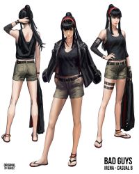 Rule 34 | 1girl, absurdres, artist name, black eyes, black hair, black jacket, black tank top, breasts, brown shorts, character name, guweiz, hairband, hands in pockets, highres, holding, holding clothes, holding jacket, jacket, jacket on shoulders, unworn jacket, long hair, multiple views, original, ponytail, red footwear, red hairband, sandals, short shorts, shorts, sidelocks, simple background, small breasts, standing, tank top, white background