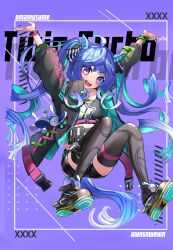 Rule 34 | 1girl, absurdres, ahoge, alternate costume, animal ears, aqua hair, arms up, belt, black footwear, black jacket, black shorts, black thighhighs, blue eyes, blue hair, bow, buckle, character name, clothes writing, commentary, copyright name, crop top, cross-laced clothes, crossed bangs, floating, full body, hair bow, head tilt, heterochromia, highres, horse ears, horse girl, horse tail, jacket, knees up, long hair, long sleeves, multicolored hair, open clothes, open hands, open jacket, open mouth, piyokuma, pouch, purple background, purple eyes, sharp teeth, shorts, sidelocks, solo, strap, striped bow, stuffed animal, stuffed rabbit, stuffed toy, tail, teeth, thigh pouch, thigh strap, thighhighs, twin turbo (umamusume), twintails, two-tone hair, umamusume, upper teeth only, utility belt, wristband