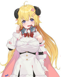 Rule 34 | 1girl, ahoge, animal ears, arm at side, asurada yui, bare shoulders, belt pouch, blonde hair, blush, bow, bowtie, breasts, brooch, cape, cowboy shot, curled horns, detached sleeves, dress, fur-trimmed cape, fur-trimmed dress, fur-trimmed sleeves, fur trim, hair between eyes, hair ornament, hairclip, half updo, hand up, head tilt, highres, holding, holding removed eyewear, hololive, horns, jewelry, large breasts, long hair, looking at viewer, miniskirt, open mouth, pink cape, pouch, purple eyes, red bow, red bowtie, ribbed sleeves, sheep ears, sheep girl, sheep horns, short dress, signature, simple background, skirt, sleeveless, sleeveless dress, smile, solo, star-shaped eyewear, star (symbol), sunglasses, tareme, taut clothes, taut dress, tsunomaki watame, tsunomaki watame (1st costume), twirling hair, two-sided cape, two-sided fabric, unworn eyewear, very long hair, virtual youtuber, wavy hair, white background, white dress