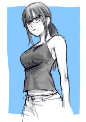 Rule 34 | 1girl, belly, black shirt, closed mouth, glasses, highres, looking at viewer, mole, mole under mouth, original, pants, peco (pockleberry), ponytail, shirt, simple background, solo, tank top