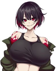 Rule 34 | 1girl, bare shoulders, blood, blood on face, blood on hands, blush, breasts, brown hair, collarbone, glasgow smile, green jacket, hair between eyes, highres, hz (666v), jacket, large breasts, multicolored hair, original, parted lips, red eyes, red hair, shiny skin, short hair, simple background, smile, solo, stitches, upper body, white background