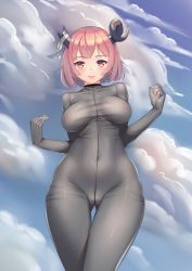 Rule 34 | absurdres, bandages, black bodysuit, blush, bodystocking, bodysuit, breasts, breasts apart, broken horn, cameltoe, closed mouth, cloud, cloudy sky, collarbone, covered erect nipples, covered navel, cowboy shot, day, demon girl, demon horns, gluteal fold, highres, horns, large breasts, looking at viewer, orange eyes, original, pink hair, see-through, sky, smile, solo, xiaoxi0619