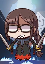 Rule 34 | 1girl, april fools, black dress, braid, brown hair, chibi, clenched teeth, dress, dual wielding, fate/grand order, fate (series), glasses, highres, holding, holding sword, holding weapon, long hair, official art, opaque glasses, pinstripe dress, pinstripe pattern, riyo (lyomsnpmp), shaded face, sharp teeth, single braid, solo, striped, sword, teeth, very long hair, weapon, yu mei-ren (fate), yu mei-ren (first ascension) (fate)