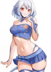 Rule 34 | 1girl, au ra, blue scales, blue skirt, blue tube top, blush, breasts, cowboy shot, dragon girl, dragon horns, dragon tail, final fantasy, final fantasy xiv, floral print, hand up, highres, horns, looking at viewer, medium breasts, midriff, miniskirt, navel, parted lips, pleated skirt, red eyes, scales, short hair, simple background, skirt, solo, strapless, tail, teeth, thighhighs, thighs, torisanff14, tube top, warrior of light (ff14), white background, white hair, zettai ryouiki