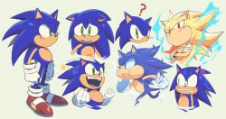 Rule 34 | ?, absurdres, blue fur, clenched hands, clenched teeth, collage, commentary, crossed arms, derivative work, english commentary, gloves, green eyes, highres, red eyes, smile, sonic (series), sonic adventure, sonic the hedgehog, super sonic, supsross, teeth, upper body, white gloves